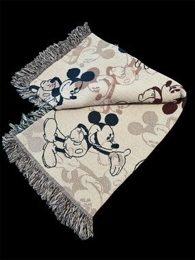 Vintage Mickey Mouse Disney Park Fringed Woven Tapestry Throw Blanket